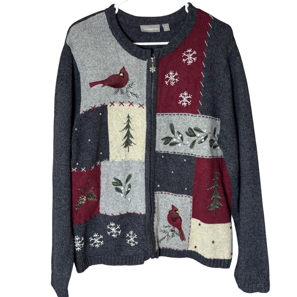 Bird‎ Cardigan Sweater Women's XLarge Cotton Embroidered ZIP Y2K Croft & Barrow